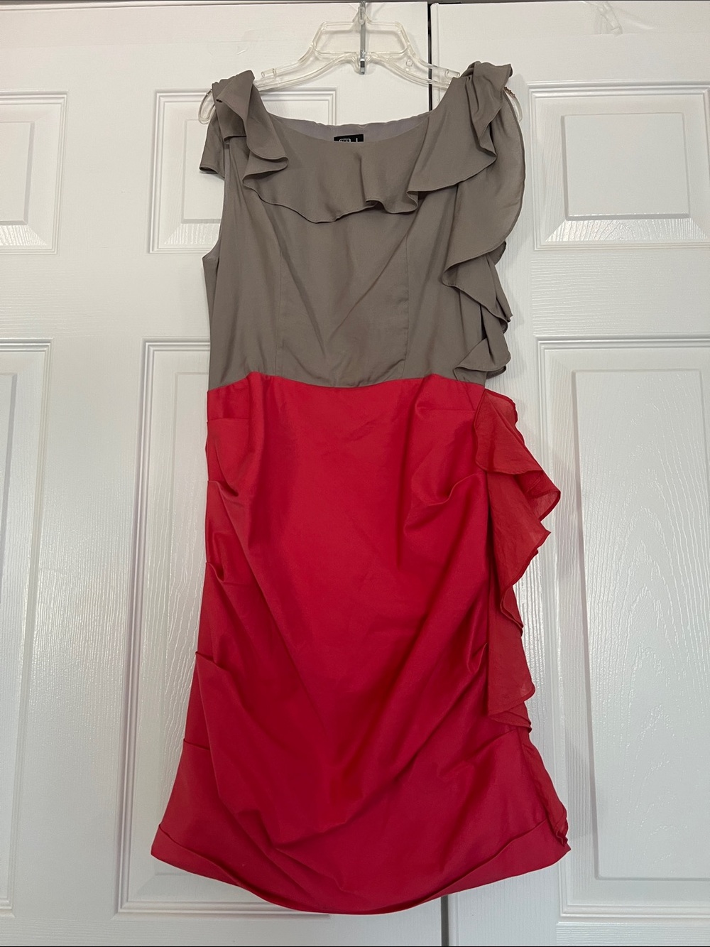 Vintage VERY J Taupe and Coral Red Cascading SideRuffles Fitted Waist Mini Dress